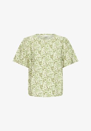 Šviesiai žalia trumpų rankovių palaidinė su gėlių raštu. Laisvas siluetas, apvala iškirptė ir minkšta tekstūra.