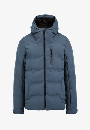 Chaqueta azul acolchada con cremallera frontal, capucha ajustable y bolsillos. Presenta una cremallera negra elegante y un detalle de marca sutil.