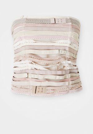 Strapless bodice in beige tones, featuring horizontal fabric strips with various textures, lace accents, and adjustable hardware at the top.