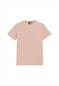 Helles Pink T-Shirt aus weichem Stoff, mit Rundhalsausschnitt, kurzen Ärmeln und einem kleinen "RELAX THE ORIGINAL"-Druck auf der Brust.