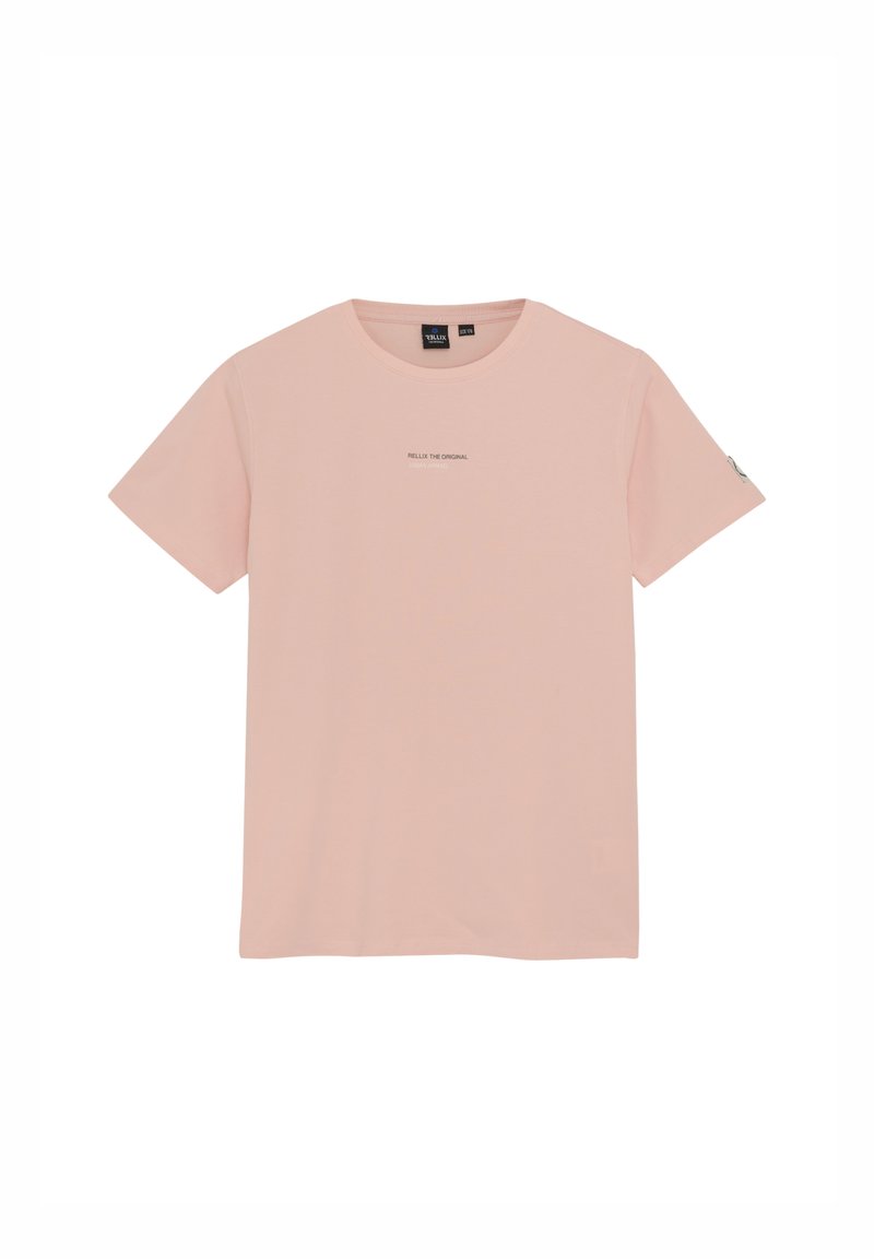 Helles Pink T-Shirt aus weichem Stoff, mit Rundhalsausschnitt, kurzen Ärmeln und einem kleinen "RELAX THE ORIGINAL"-Druck auf der Brust.