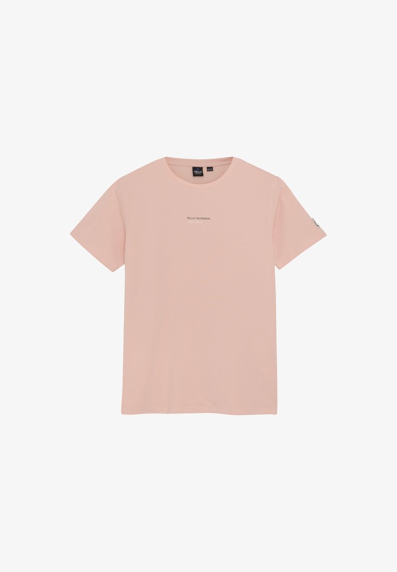 Lichtroze t-shirt van zacht materiaal, met een ronde hals, korte mouwen en een kleine 'RELAX THE ORIGINAL' opdruk op de borst.