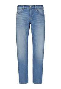 Lichtblauwe denim jeans met een recht model, vijf zakken en een knoopsluiting. Bevat subtiele vervaging en klassieke stikseldetails.