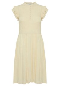 Beiges, kurzärmeliges Kleid mit hohem Kragen, Rüschensäumen, gerafftem Oberteil und ausgestelltem Rock, das mit kleinen Punktmustern versehen ist.