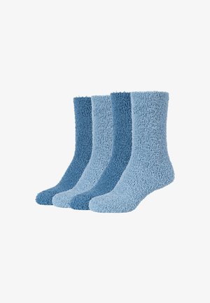 Four pairs of fuzzy socks arranged side by side, alternating between darker and lighter blue shades.