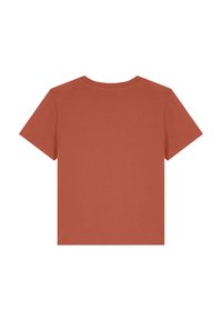 Rostfarbiges Baumwoll-T-Shirt mit Rundhalsausschnitt und kurzen Ärmeln, das eine glatte Textur und ein schlichtes Design aufweist. Entworfen für die Freizeit.