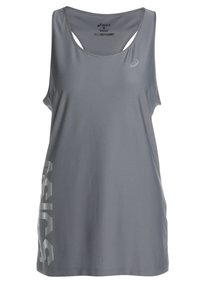 Canottiera grigia realizzata in tessuto leggero e traspirante. Presenta una scollatura a U, un design con spalle scoperte e un logo testurizzato sul lato.