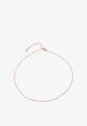 Halskette aus Roségold mit einem zarten Design, das gleichmäßig verteilte runde Perlen aufweist, verstellbare Länge mit einem Karabinerverschluss und Verlängerungskette.