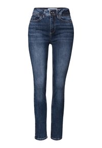 Jean en denim bleu foncé, taille haute, coupe slim, avec poches avant, passants de ceinture et fermeture à bouton. Texture lisse avec une légère décoloration.
