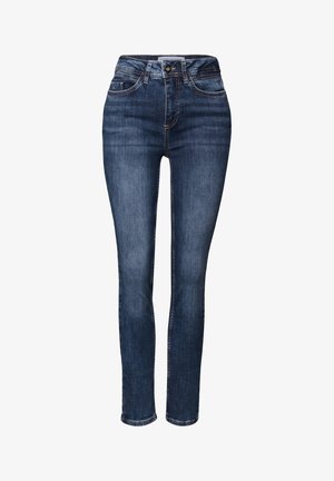 Jeans in denim blu scuro, a vita alta, slim fit, con tasche frontali, passanti per cintura e chiusura con bottone. Texture liscia con una leggera scoloritura.