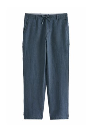 Pantalons en lin bleu foncé avec taille élastique, deux poches latérales et coupe décontractée. Texture lisse et design à jambes droites.