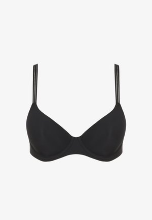 Schwarzer geformter BH mit Bügel und doppelten dünnen verstellbaren Trägern.