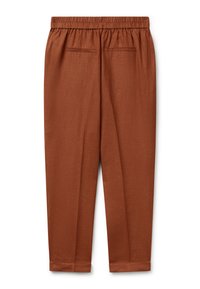 Hnědé, lehké kalhoty s elastickým páskem, dvěma zadními kapsami a úzkým střihem. Texturovaná tkanina s jemným leskem.