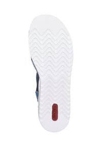White rubber sole with a zigzag pattern, featuring a red logo. The upper is blue and made of a textured material.