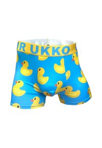 Blå boxershorts med et mønster af gule gummidyr over det hele. Gul elastisk bånd med "MR UKKO" i blåt. Glat, strækbart materiale.