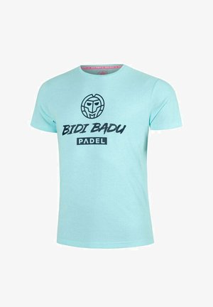 Hellblaues T-Shirt mit kurzen Ärmeln, darauf ein schwarzes stilisiertes Gesichtslogo über dem fetten Schriftzug "BIDI BADU" und ein schwarzes Rechteck mit dem Schriftzug "PADEL" darin.
