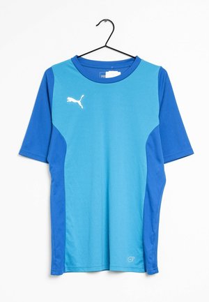 Niebieska sportowa koszulka z krótkimi rękawami, okrągłym dekoltem i kontrastującym ciemniejszym niebieskim bocznym panelem. Biały logo Puma na piersi.