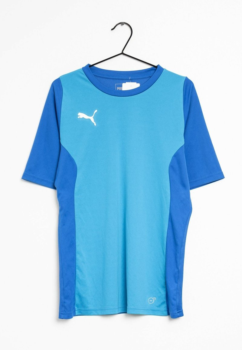 T-shirt de sport bleu avec manches courtes, encolure ronde et panneau latéral en bleu foncé contrastant. Logo Puma blanc sur la poitrine.