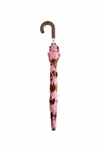 Pink and brown patterned umbrella with a curved wooden handle; fabric features geometric shapes with light and dark tones. Silver hardware detail.