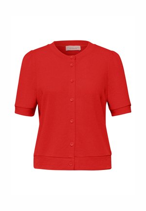 Cardigan in maglia rosso a maniche corte con scollo rotondo, chiusura a bottoni sul davanti e polsini e orlo a coste.