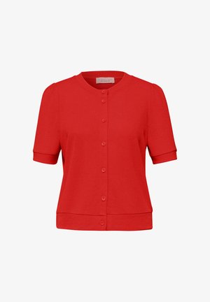 Czerwony krótki sweter na guziki z okrągłym dekoltem, prążkowanymi mankietami i dołem.