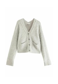 Light grey cropped cardigan made of soft, textured fabric. Features a deep V-neck, five buttons, and two front pockets.