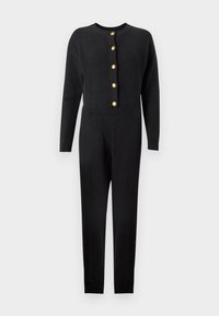 Μαύρη ριμπ ολόσωμη φόρμα με μακριά μανίκια, διαθέτει στρογγυλό λαιμό και χρυσά κουμπιά κατά μήκος του μπροστινού μέρους. Λείο υφή και εφαρμοστή γραμμή.