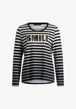 Stribet langærmet skjorte i marineblå og creme. Har et leopardprint "SMILE" grafik og blødt stof med en rund halsudskæring.