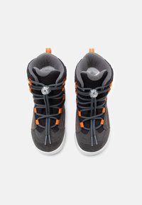 Gray fabric and suede high-top shoes with orange accents and grey laces. Features a round closure mechanism and textured inner lining.