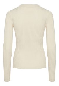 Pull ajusté côtelé couleur crème à manches longues avec un col rond, montré de dos sur un fond blanc.