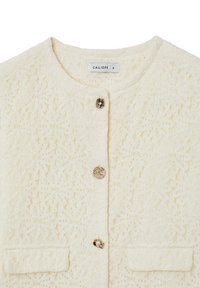 Spitzenjacke in Off-White mit floralem Muster, runder Halslinie, zwei Vordertaschen und goldfarbenen Knopf-Accents.