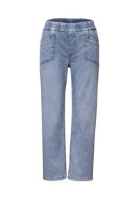Light blue denim trousers with an elastic waistband. Features two front pockets and a straight-leg design. Smooth texture and casual style.