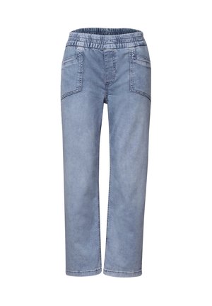 Pantalons en denim bleu clair avec une taille élastique. Comprend deux poches avant et une coupe droite. Texture lisse et style décontracté.
