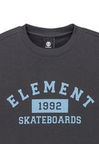 Felpa grigio scuro con scollo rotondo. Presenta testo blu chiaro: "ELEMENT", "1992" e "SKATEBOARDS". Tessuto morbido, design casual.