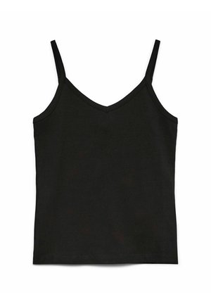 Black camisole top with thin adjustable straps, V-neck design, made from a smooth, lightweight fabric, featuring a simple, unembellished silhouette.