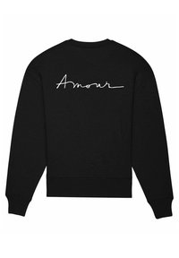 Schwarzer Pulli mit weißem, geschwungenem "Amour"-Schriftzug auf dem Rücken. Das Design umfasst gerippte Bündchen und Saum für eine enganliegende Passform.