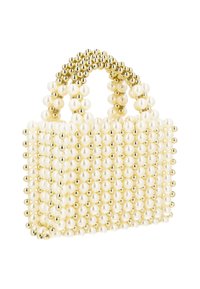 Borsa a mano decorata con perle bianche e dettagli dorati, con due manici arrotondati, forma rettangolare e texture di lavorazione dei materiali intricata.