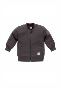Donkergrijze sweatshirtjas met een ritssluiting aan de voorkant, ribgebreide manchetten en twee voorzakken. Bevat een klein logopatch op de zoom.