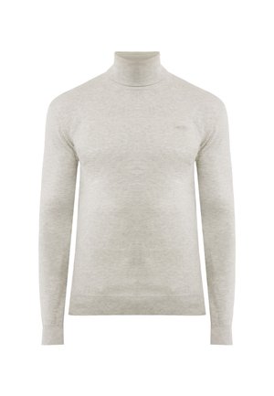 Jasnoszary sweter z długim rękawem i kołnierzem typu golf, o drobnym splocie i delikatnym logo marki na piersi, prezentowany na białym tle.