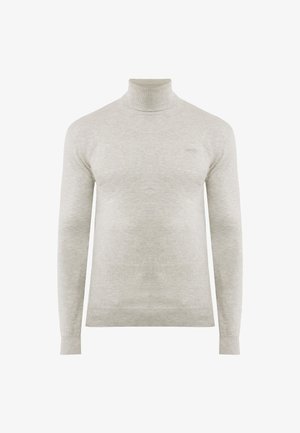 Lichtgrijze lange mouw turtleneck trui met fijne breistructuur en subtiele merklogo op de borst, weergegeven op een witte achtergrond.