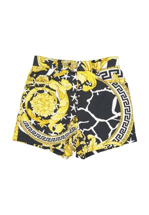 Pantalones cortos de talle alto con estampados en negro, blanco y amarillo con diseños barrocos florales y geométricos y trabillas para cinturón.