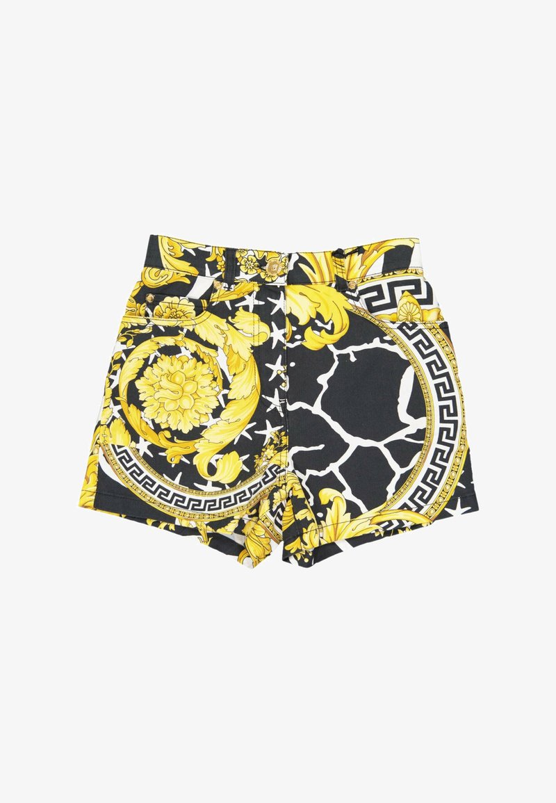 Shorts taille haute à motifs noirs, blancs et jaunes avec des dessins baroques floraux et géométriques et des passants pour ceinture.