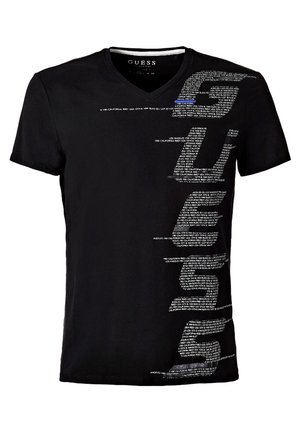 Black cotton t-shirt with a V-neck, featuring large white text graphics on the front and blue accent details. Short sleeves and regular fit.