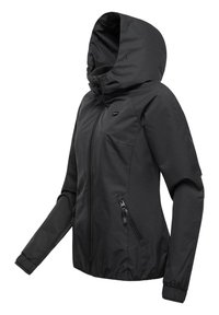 Black waterproof jacket with a hood, front zip closure, two zippered pockets, and elastic cuffs for adjustable fit. Smooth nylon material.