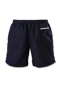 Granatowe męskie spodenki kąpielowe z elastycznym pasem i tylną kieszenią ozdobioną białym pionowym paskiem.