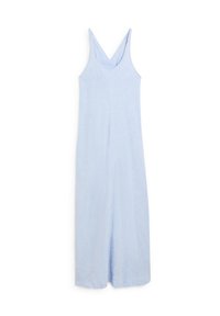 Combinaison sans manches bleu clair avec jambes larges et encolure en V, posée à plat sur un fond blanc.