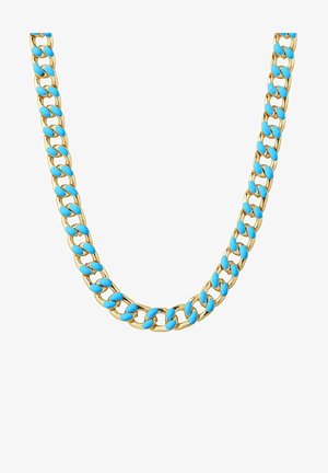 Auksinė grandinėlė su turkuistine emale, pasižyminti masyviu dizainu ir lygiu paviršiumi. Grandinės jungtys ovalo formos ir sujungtos.