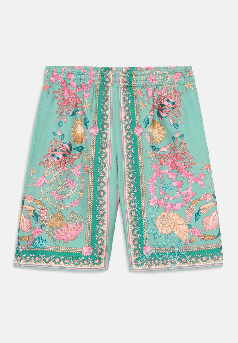 Turkosa shorts med intrikata broderier i rosa och guld med marina teman, detaljerade med snäckor, koraller och blommönster. Elastiskt midjeband.