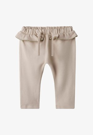 Beige katoenen broek met een elastieken tailleband en een trekkoord, met een gerimpelde bovenrand en een gestructureerde stof.