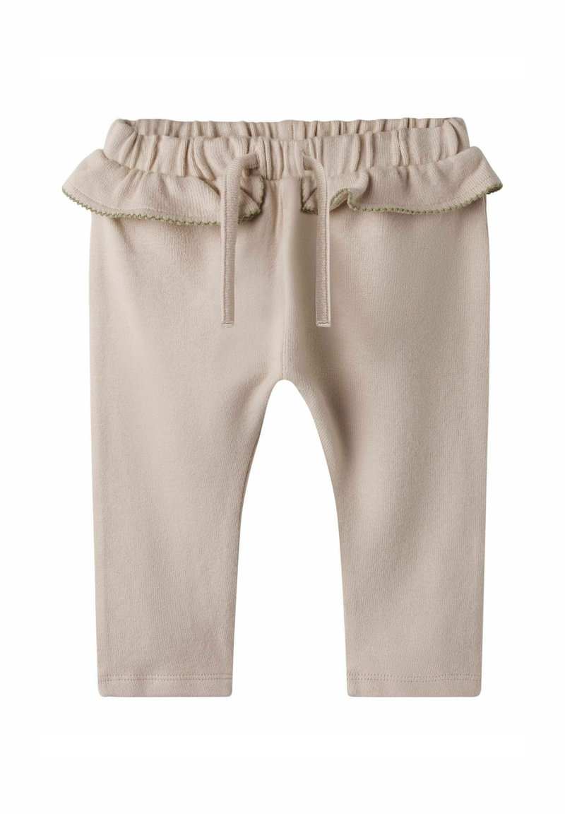 Pantalones de algodón beige con cintura elástica y cordón de ajuste, que presentan un borde superior con volantes y una tela texturizada.